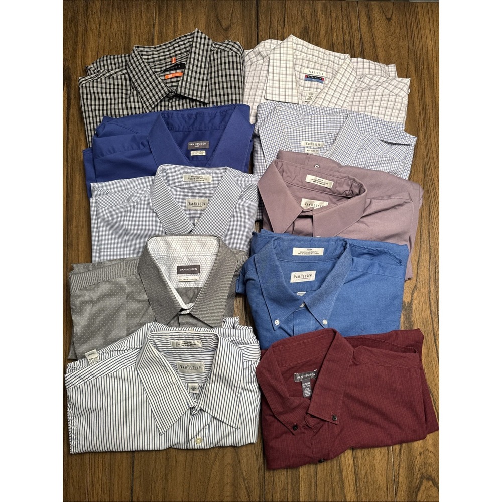 BUNDLE‎  Van Heusen, 10-Men's Button Down Shirts, 2-SS, 8-LS, Size L 16-17.6